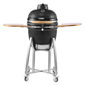 VEVOR Charcoal Smoker and Grill, 18" Kamado Charcoal BBQ Smoker, Movable Ceramic Barbecue Grill with 4 Wheels (2 Lockable), Built-in Thermometer